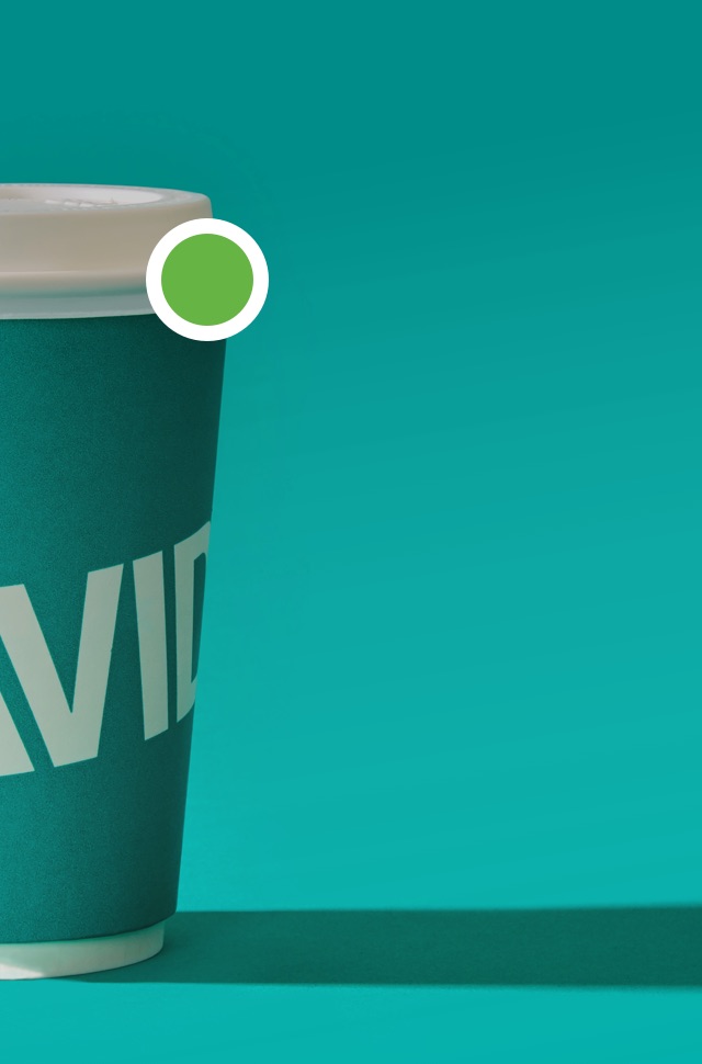 DAVIDsTEA teal to go cup with green active chat bubble.